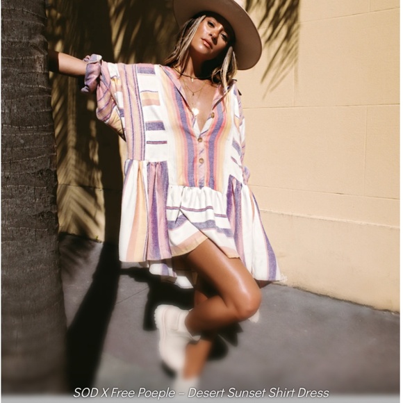 $128 FREE PEOPLE Sunset Striped Brushed Flannel Shirt Dress NWOT/sz L - Picture 1 of 16